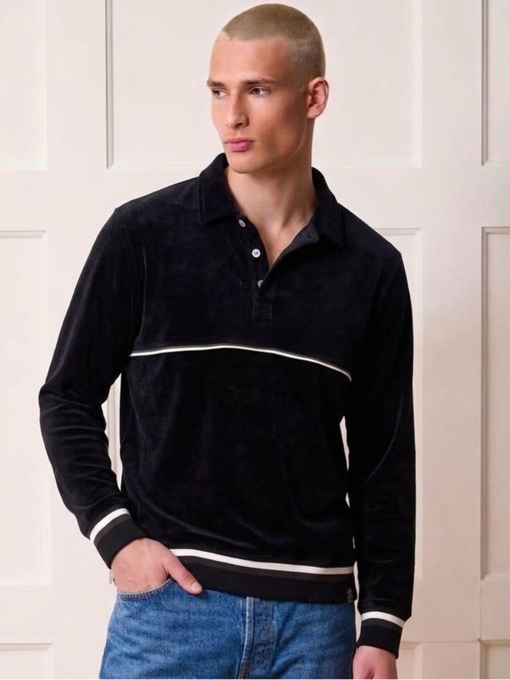 Todd Snyder Black Velour Pullover W Piping  Size Large Sporty Casual Preppy